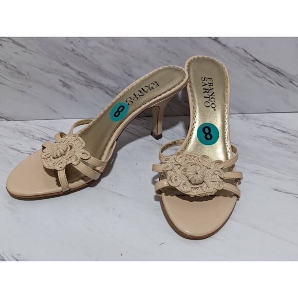 Franco Sarto Women's Tan Leather Floral Accent 3" Heel Slide Sandal Size 8 - Picture 1 of 6